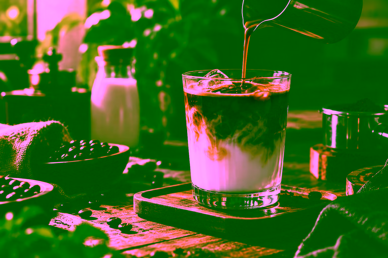 Dirty Latte dengan espresso panas di atas susu dingin